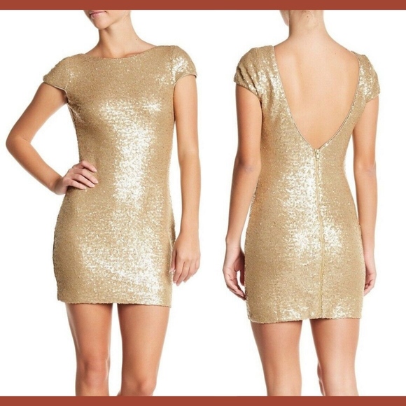 NEW Dress the Population Lucy Sequin Mini‎ Dress in Brushed Gold [SZ Small ] - Picture 1 of 3